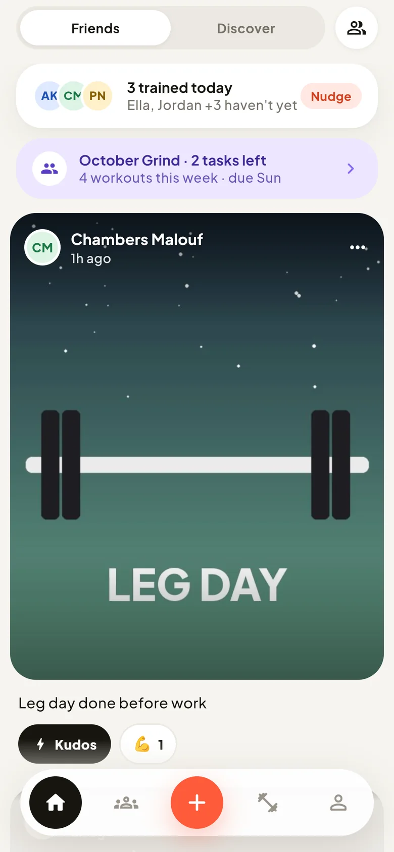 The feed: who trained today, a group challenge and Chambers Malouf's leg day post with kudos