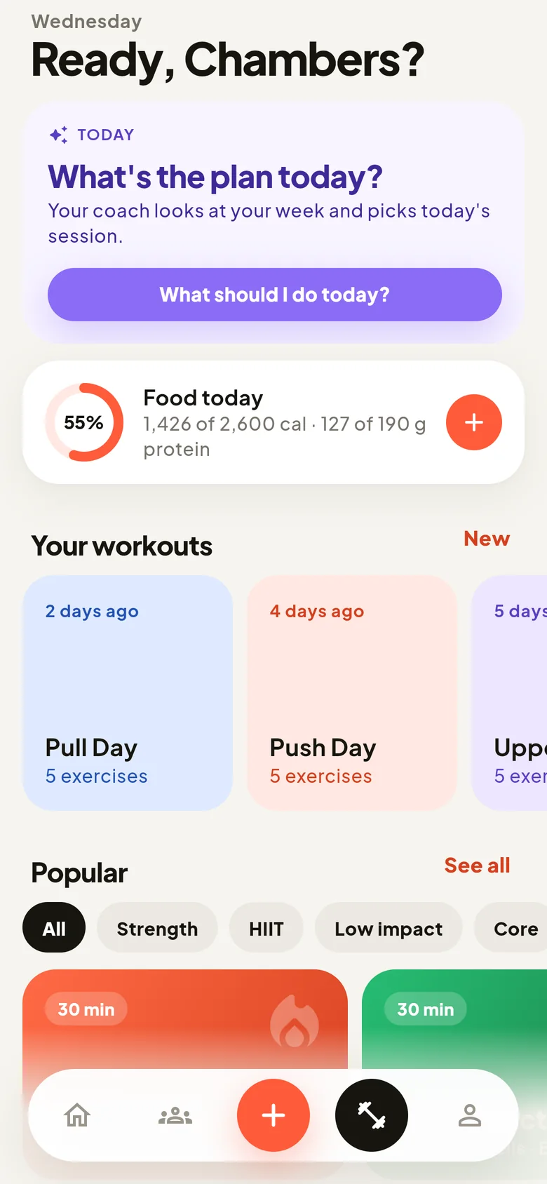 The Workout tab: today's plan from the AI coach, food for the day, your workouts and popular workouts